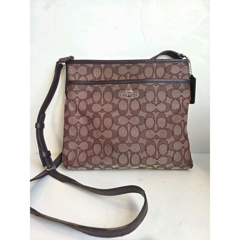 Coach Burgundy and Brown Signature‎ Jacquard File Crossbody Bag F29960